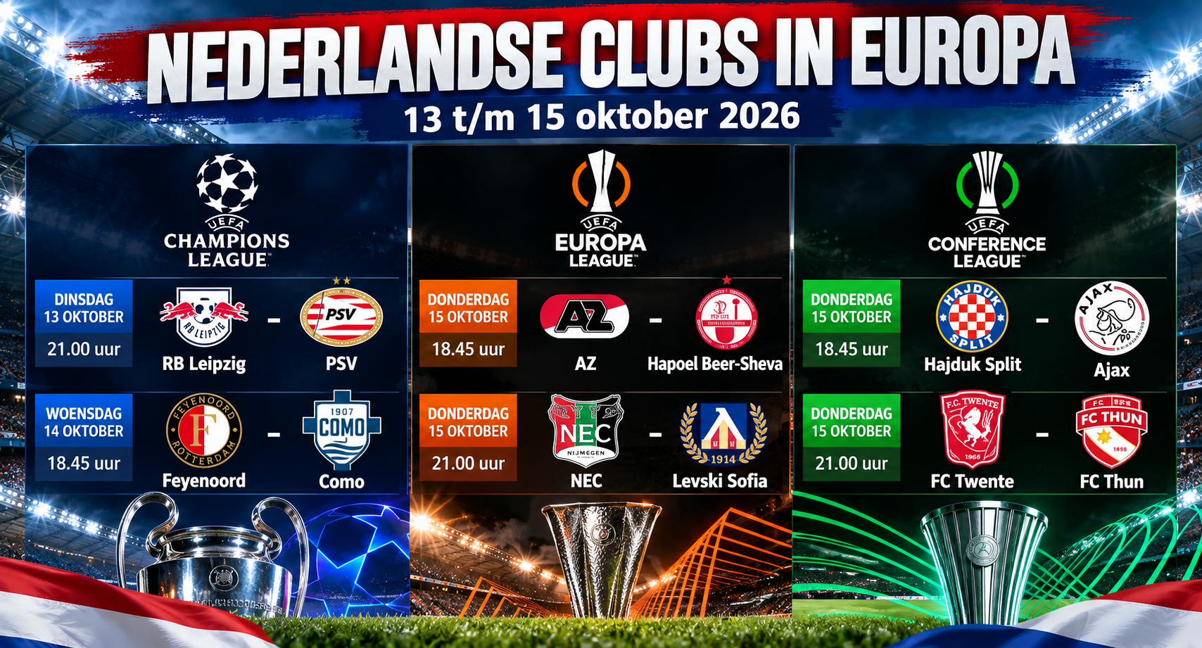 Zes Nederlandse clubs komen deze week in actie in de Europese competities. PSV en Feyenoord spelen dinsdag en woensdag in de Champions League. Donderdag verschijnen AZ en NEC in de Europa League op het veld, terwijl Ajax en FC Twente hun eerste wedstrijd in de Conference League afwerken.